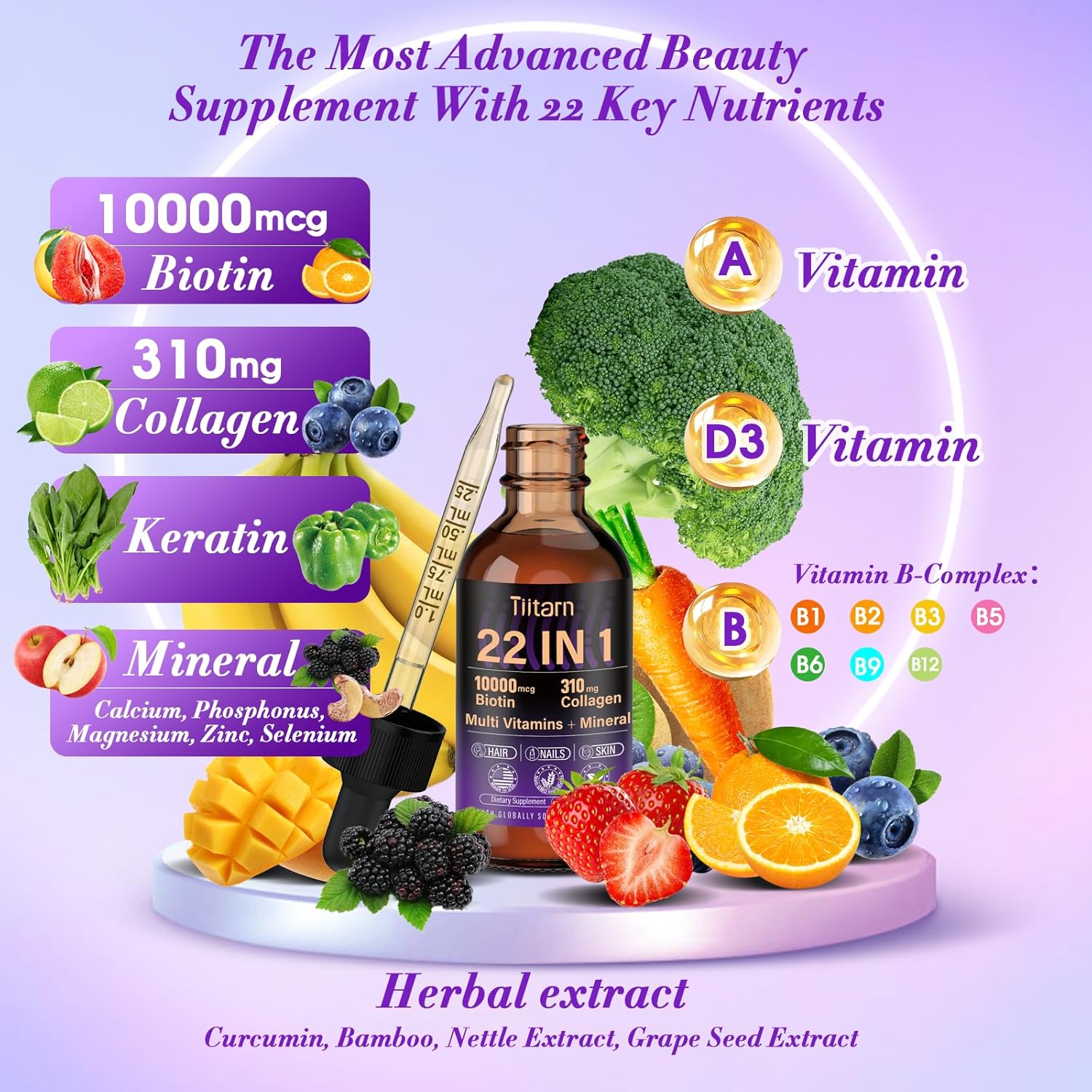 Liquid Hair Vitamins with Biotin, Collagen & Hyaluronic Acid - Hair Growth Support for Women and Men - Vitamin B Complex - Fast Absorption - Hair, Skin & Nails - Tiitarn