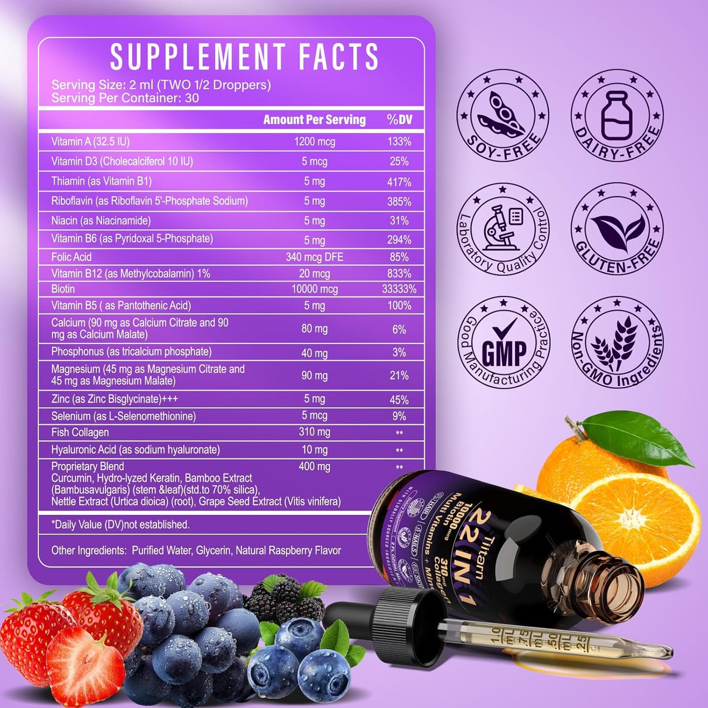 Liquid Hair Vitamins with Biotin, Collagen & Hyaluronic Acid - Hair Growth Support for Women and Men - Vitamin B Complex - Fast Absorption - Hair, Skin & Nails - Tiitarn