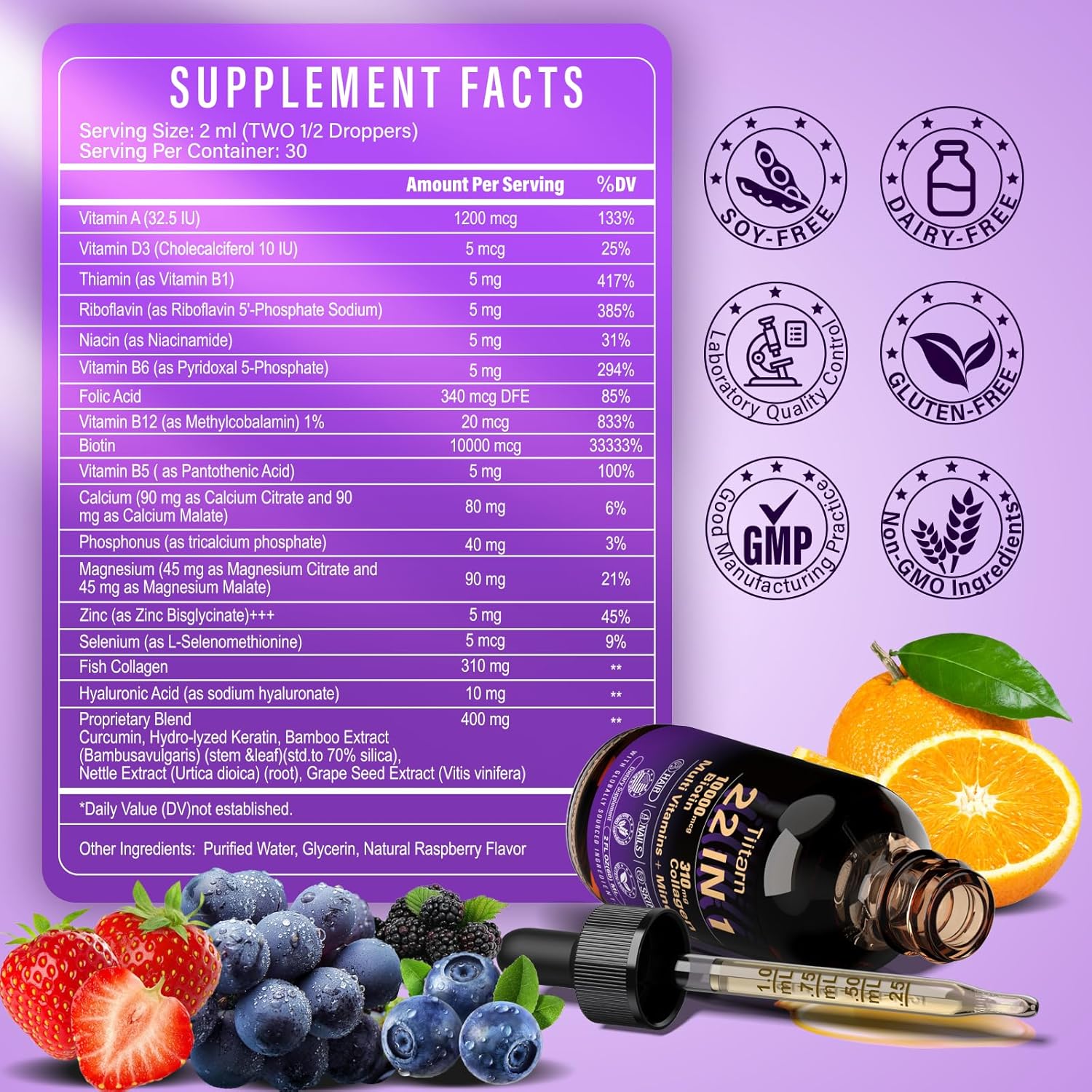 Liquid Hair Vitamins with Biotin, Collagen & Hyaluronic Acid - Hair Growth Support for Women and Men - Vitamin B Complex - Fast Absorption - Hair, Skin & Nails - Tiitarn
