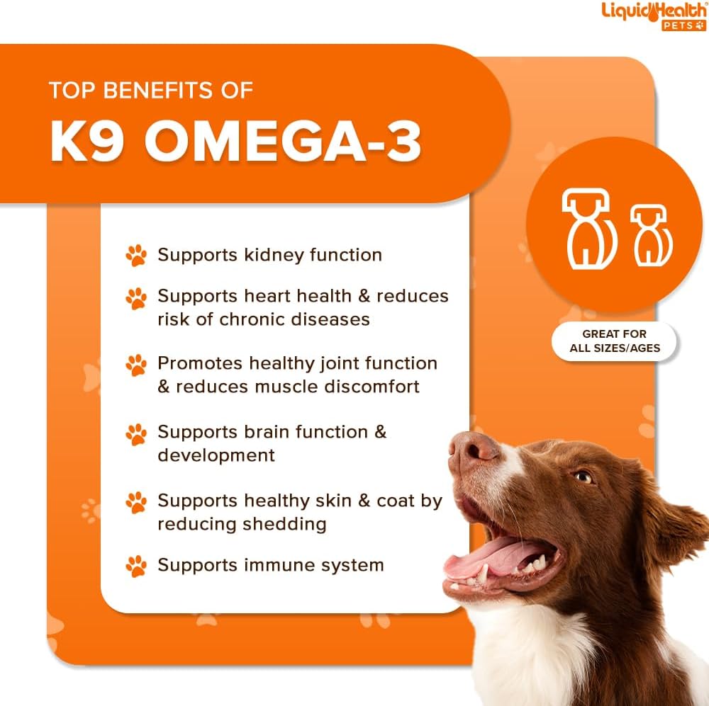 Liquid Health Pets K9 Omega 3 Fish Oil for Dogs - 16 Oz Liquid Supplement with EPA, DPA, DHA for Joint, Immunity, Brain & Heart Health, Reduces Itching and Shedding