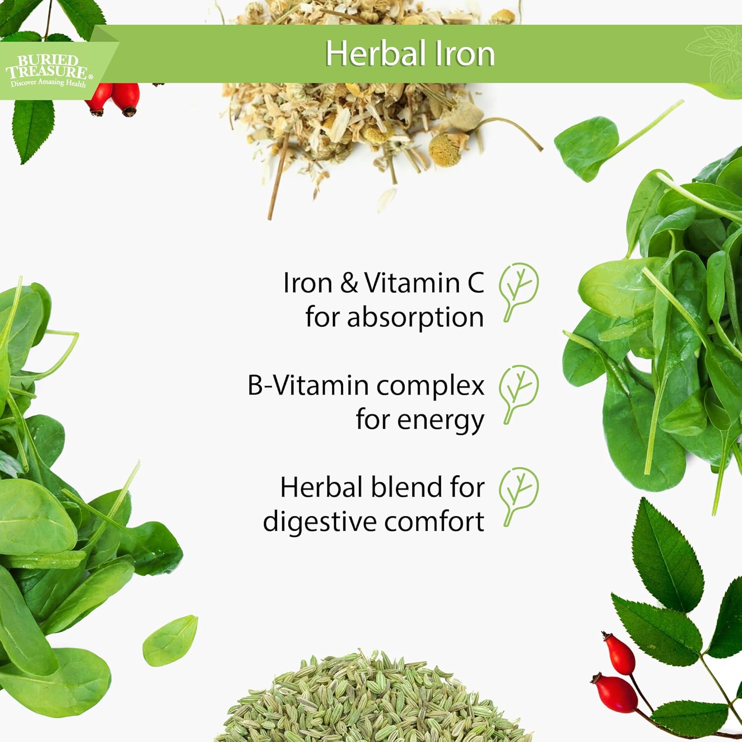 Liquid Herbal Iron Supplement with Vitamin C & B Complex - 48 Servings, Iron-rich Greens, Vegan Formula for Men and Women