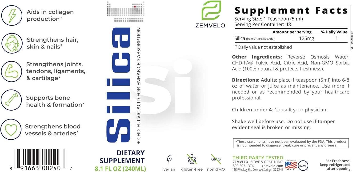 Liquid Ionic Silica Supplement for Hair, Skin, Nails & Joint Health - Collagen & Cartilage Support - 8 oz Bottle, 48 Day Supply