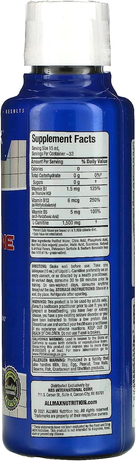 Liquid L-Carnitine 1500 with Vitamin B5, 16 oz Fruit Punch Flavor by ALLMAX Nutrition