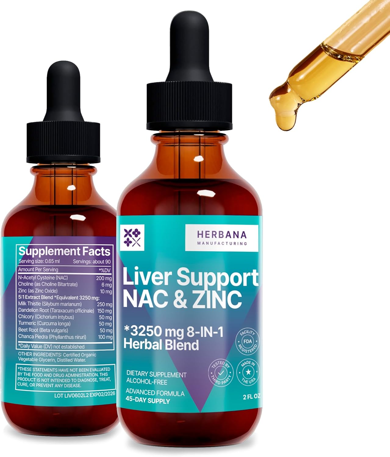 Liquid Liver Support Drops with Milk Thistle, Dandelion Root, Turmeric, & More - Liver Cleanse & Detox Supplement by Herbana Manufacturing
