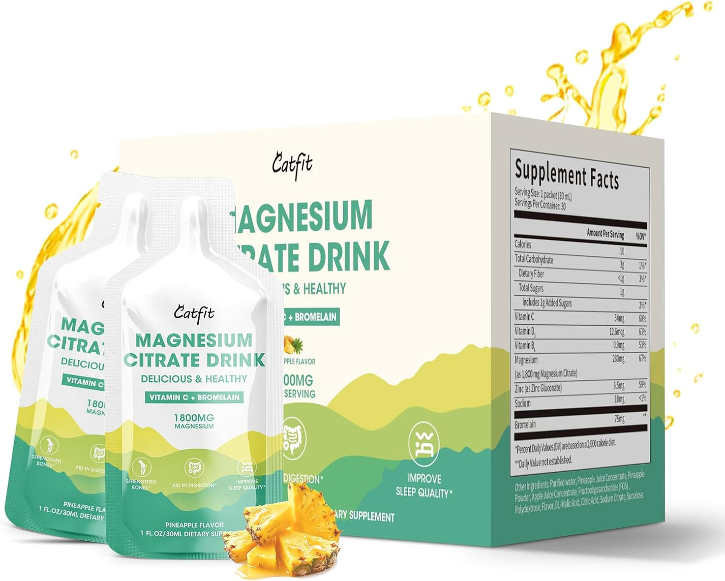 Liquid Magnesium Citrate Supplement with Bromelain, Vitamin, Zinc, and Sodium - Pineapple Flavor for Sleep, Muscle, Heart, Digestion, Constipation - 30 Day Supply