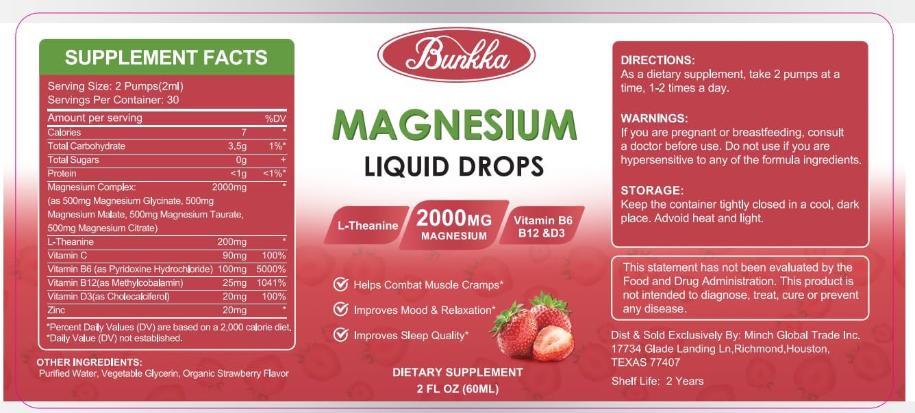 Liquid Magnesium Complex Supplement with 500mg Magnesium Glycinate, Malate, Taurate, Citrate & L-Theanine - Supports Muscles, Sleep & Stress Relief - Strawberry Flavor