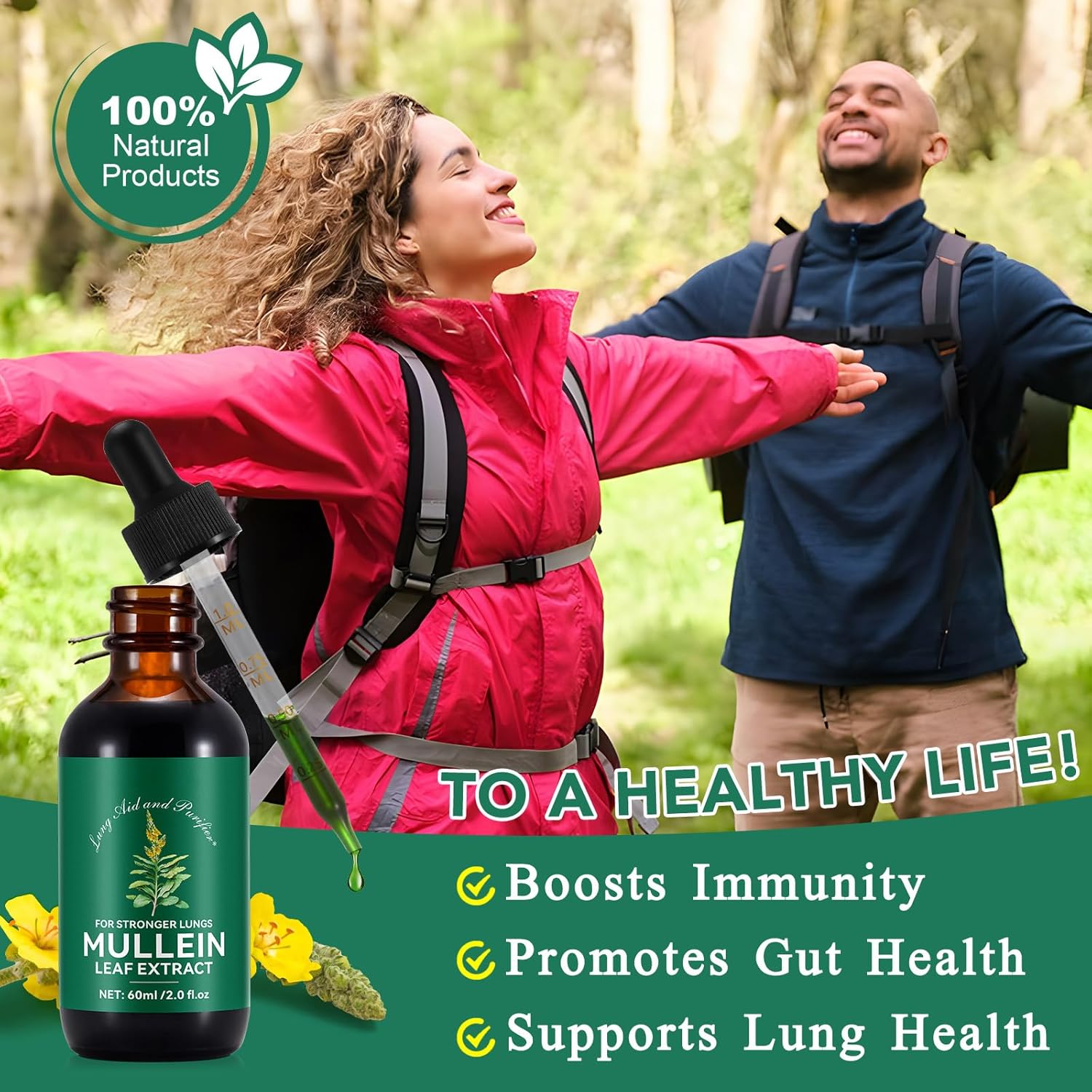 Liquid Mullein Lung Cleanse Drops - 2 Fl Oz Natural Extract Supplement - Fast Absorption, 1 Month Supply - Respiratory Support