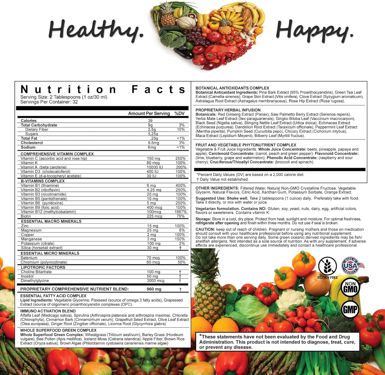 Liquid Multivitamin Superfood with Vitamin C, D3, B12, E, K | Immune Support Booster | Vegetarian | Non-GMO | Gluten Free | 32 fl oz