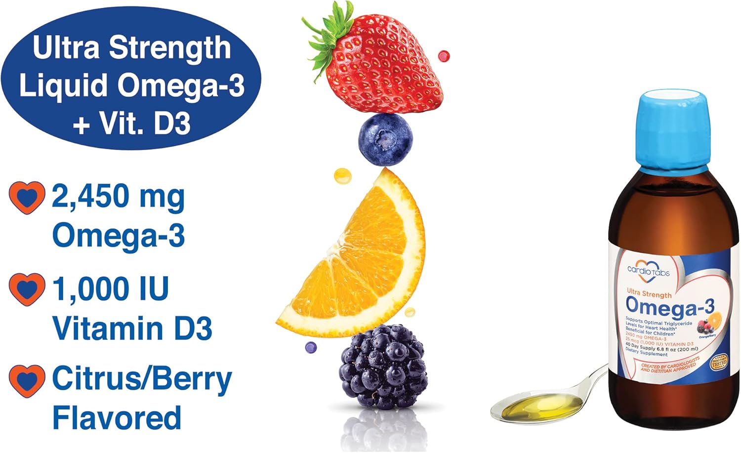Liquid Omega-3 Fish Oil Supplement with Vitamin D3 - Ultra Strength Formula with 4,500mg Omega-3 Marine Oil, 2,130mg DHA and EPA, 1,000 IU Vitamin D3 - 6.8 fl oz