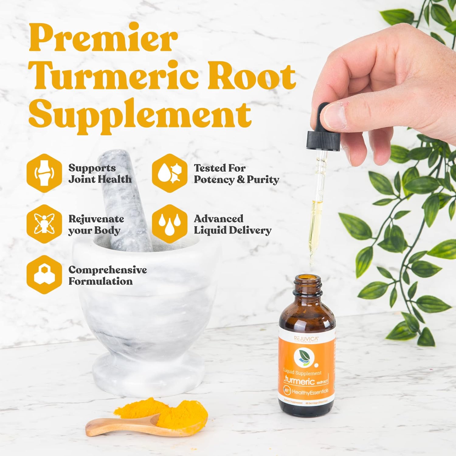 Liquid Turmeric Root Extract with Curcumin for Joint Health - Rejuvica Health Essential Turmeric Supplement for Better Absorption