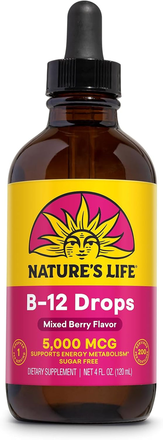 Liquid Vitamin B12 Methylcobalamin Drops - 5000 mcg Natural Mixed Berry Supplement for Energy, Nerve Function, Red Blood Cells - Sugar Free, 200 Servings, 4oz