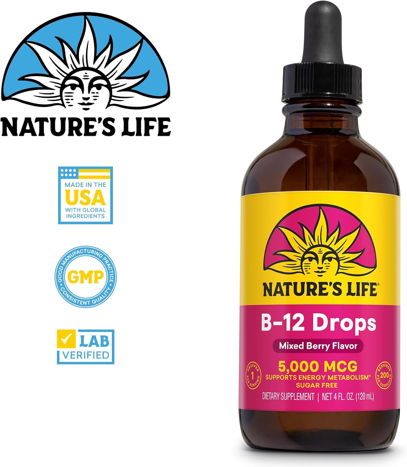 Liquid Vitamin B12 Methylcobalamin Drops - 5000 mcg Natural Mixed Berry Supplement for Energy, Nerve Function, Red Blood Cells - Sugar Free, 200 Servings, 4oz