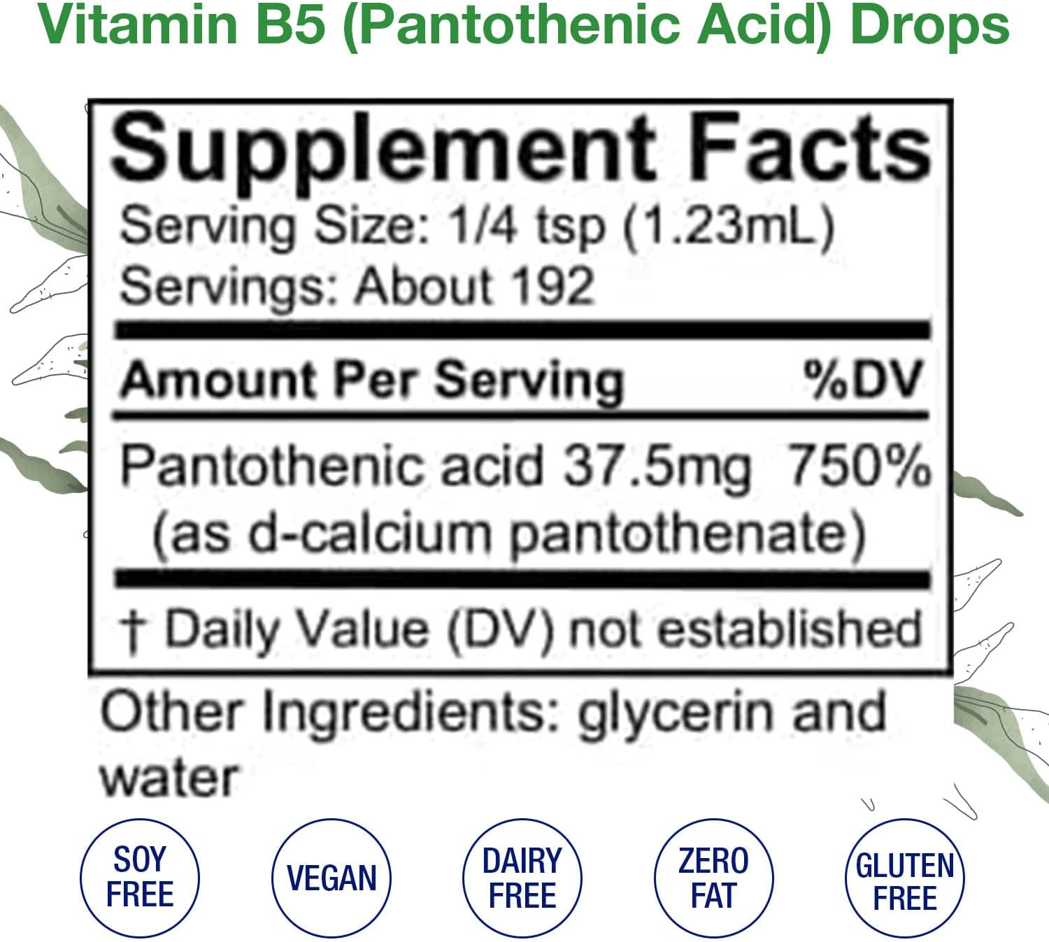 Liquid Vitamin B5 Drops for Hormone Balance, Immune Support & Healthy Hair, Skin, Nails - Vegan & Alcohol-Free - 8 Fl Oz.