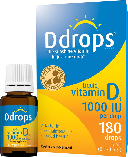 Liquid Vitamin D 1000 IU Drops for Adults - 180 Drops, Bone & Immune Support, Non-GMO, Allergy-Friendly, Preservative-Free