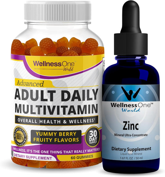 Liquid Zinc & Adult Multivitamin Gummy Bundle - Energy, Immune Support, Skin & Brain Health - 1.67 fl oz Zinc Drops & 60 Berry Flavored Gummies