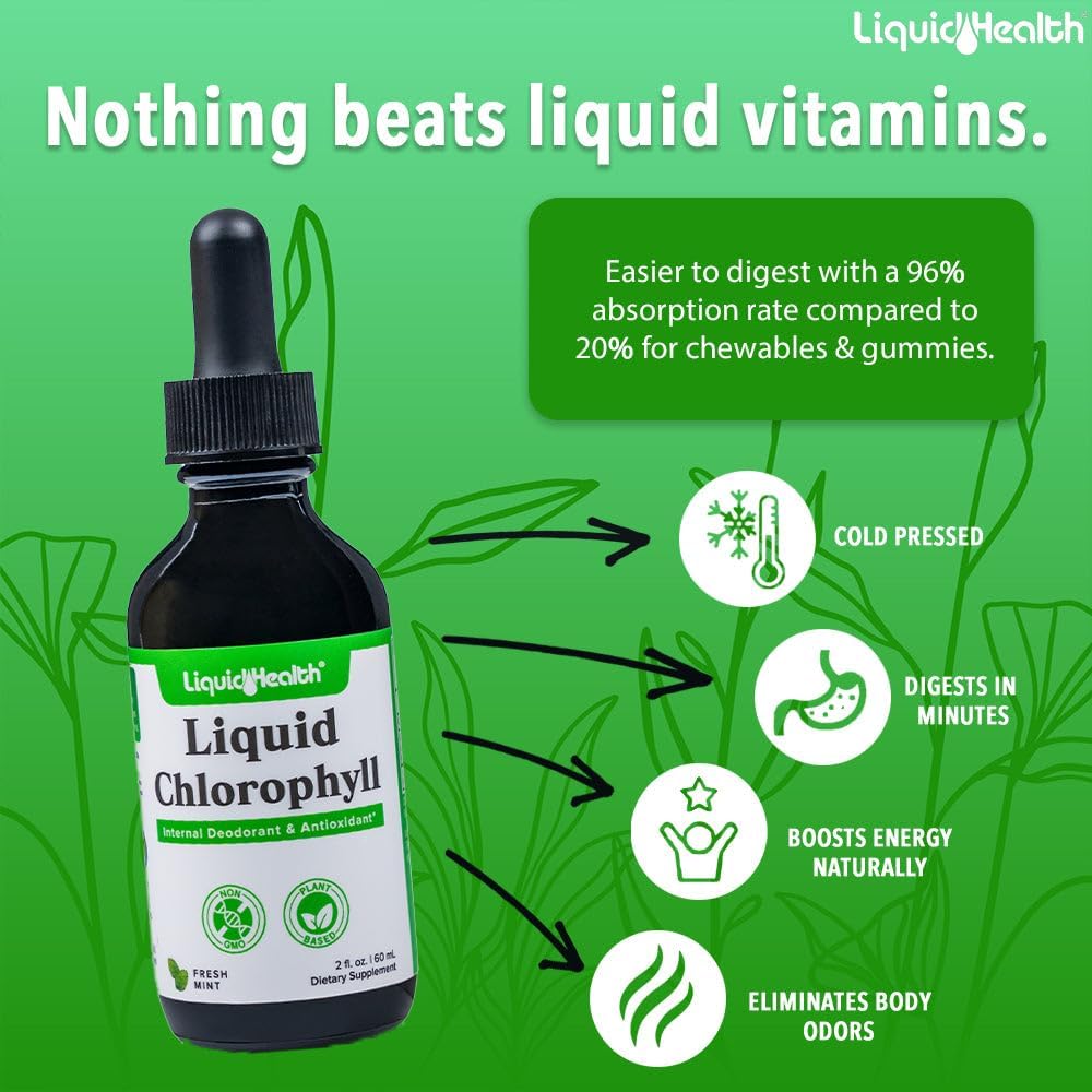 LIQUIDHEALTH Chlorophyll Drops 3 Pack - Internal Deodorizer, Antioxidants, Liver Detox, Immune Support, Bad Breath Relief, Appetite Reduction, Hair & Skin Health - Vegan, Non-GMO