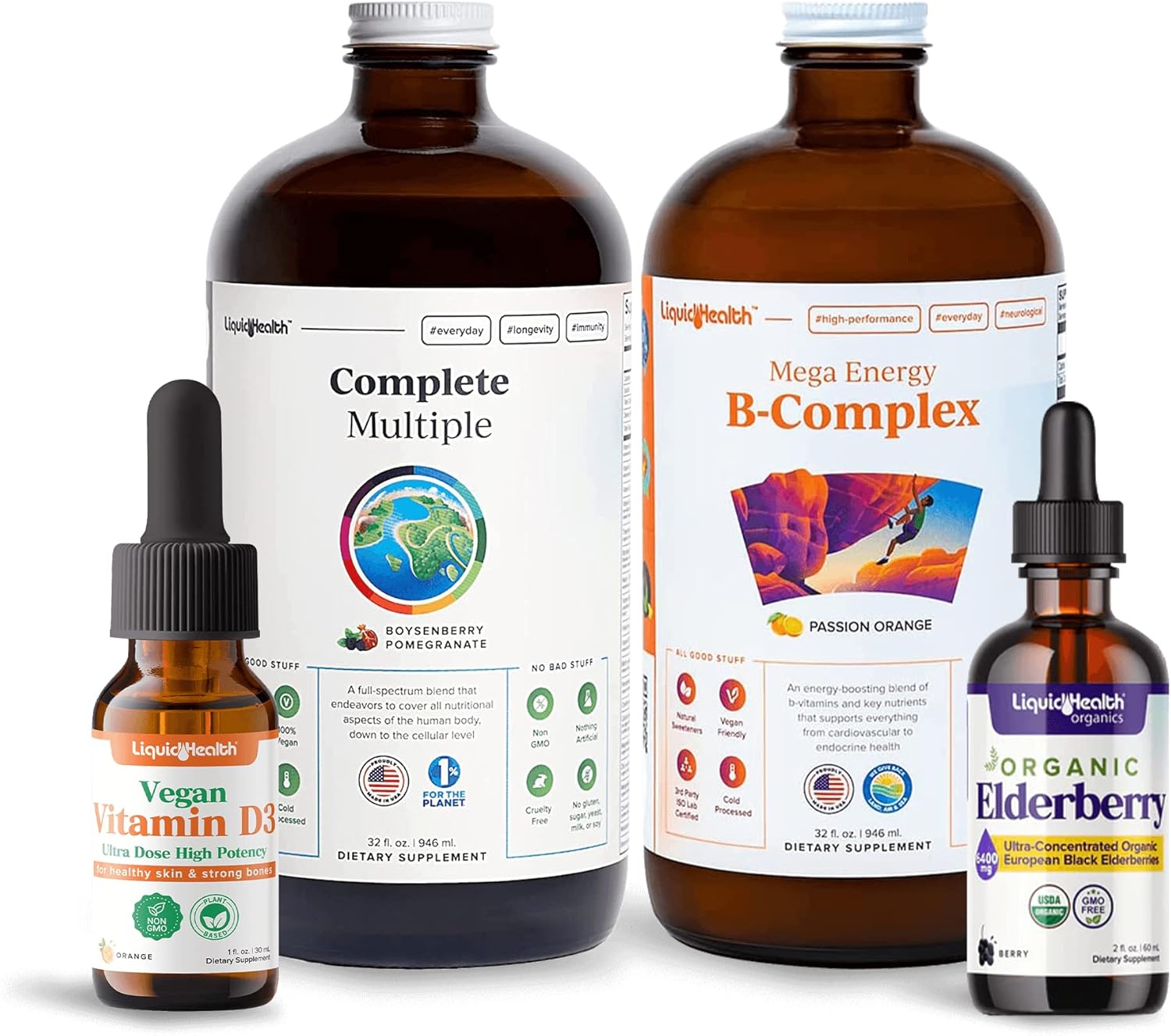 LIQUIDHEALTH Ultimate Immunity & Energy Liquid Vitamin Bundle for Adults - Multivitamin, B-Complex, Vitamin D3, Elderberry Drops - Non-GMO & Vegan
