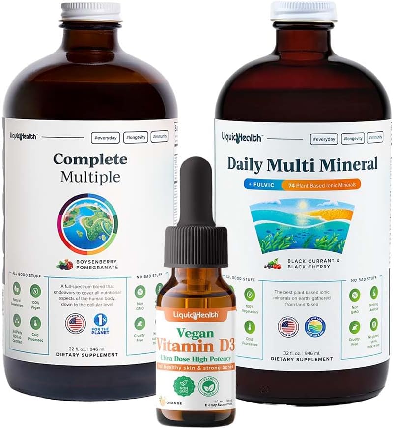 LiquidHealth Ultra Immunity Liquid Vitamin Bundle for Adults - Complete Multivitamin, Daily Multi Minerals, Vegan Vitamin D3 - Immune Support & Whole Foods - Non GMO & Vegan
