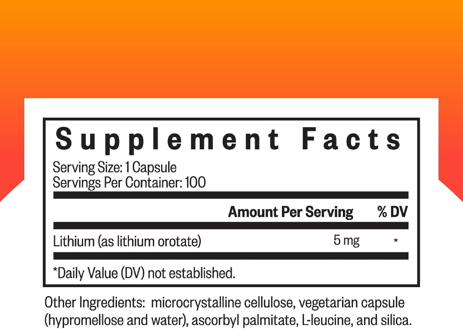 Lithium Orotate Supplement for Brain Health & Memory Support - Non-GMO, Gluten-Free Formula - 5 mg, 100 Capsules