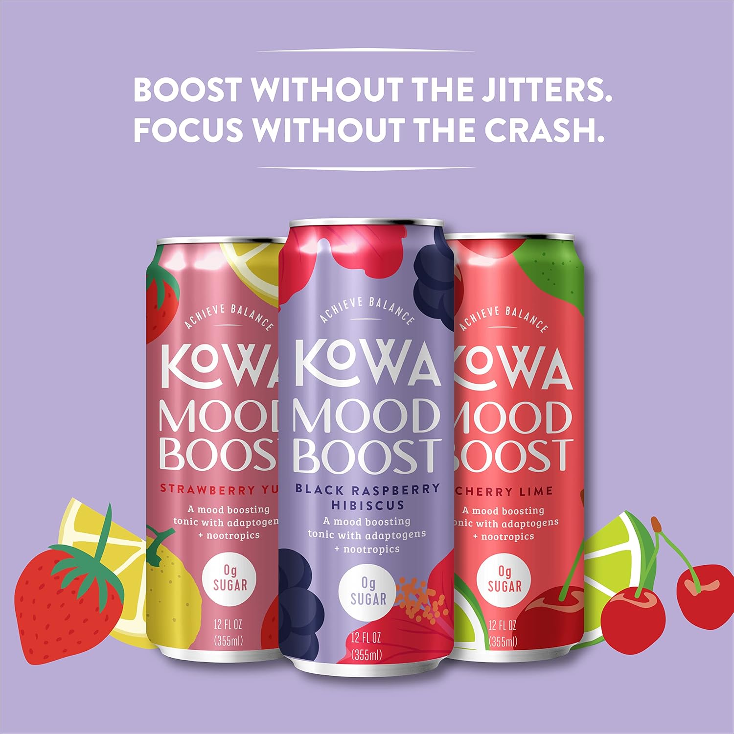 LiveKowa Kowa Mood Boost Variety Pack - 10 Calorie Adaptogen Drink, Zero Sugar & Caffeine-Free - 12 fl oz (Pack of 12)