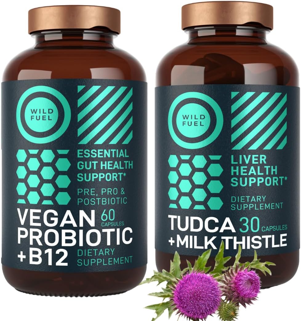 Liver Cleanse Bundle: WILD FUEL Tudca with Milk Thistle, Vegan Probiotic, and B12 Supplement for Gut Health