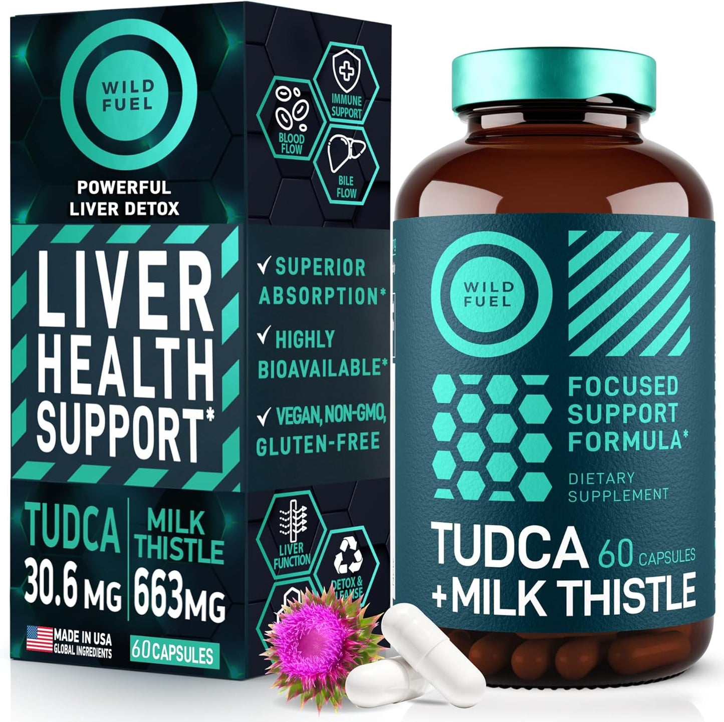 Liver Cleanse Bundle: WILD FUEL Tudca with Milk Thistle, Vegan Probiotic, and B12 Supplement for Gut Health