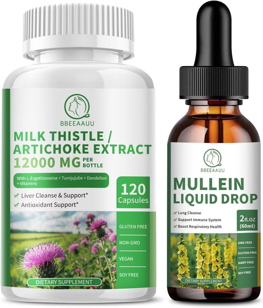Liver Cleanse Detox Capsules & Mullein Drops for Lung Cleanse, Antioxidant Support, Respiratory Health & Immunity Boost
