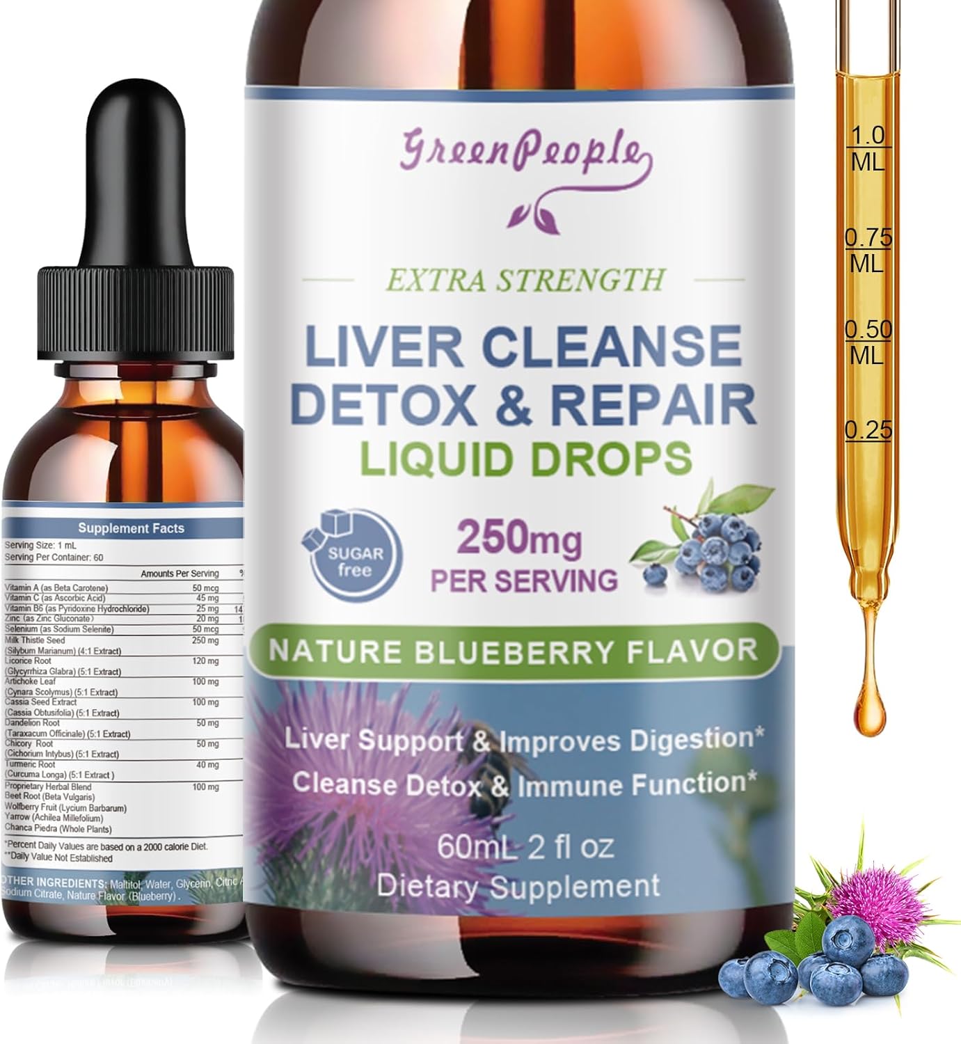 Liver Cleanse Detox Drops with Milk Thistle, Artichoke, Dandelion - Potent Liver Support Supplement - 2Fl Oz Blueberry Flavor