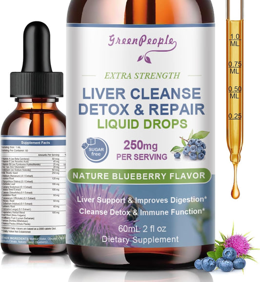 Liver Cleanse Detox Drops with Milk Thistle, Artichoke, Dandelion - Potent Liver Support Supplement - 2Fl Oz Blueberry Flavor