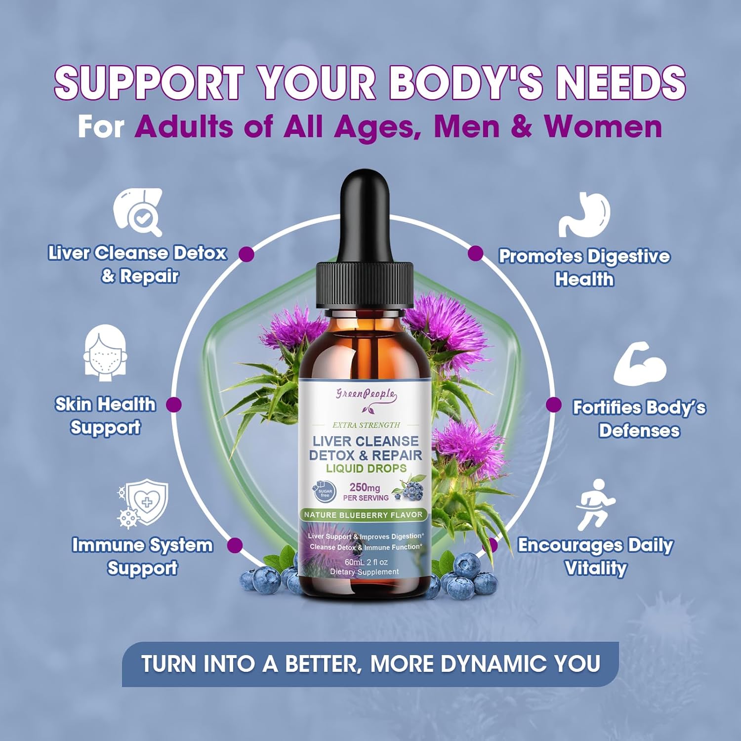 Liver Cleanse Detox Drops with Milk Thistle, Artichoke, Dandelion - Potent Liver Support Supplement - 2Fl Oz Blueberry Flavor