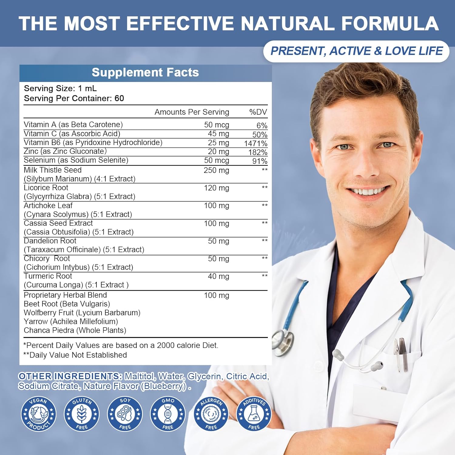 Liver Cleanse Detox Drops with Milk Thistle, Artichoke, Dandelion - Potent Liver Support Supplement - 2Fl Oz Blueberry Flavor