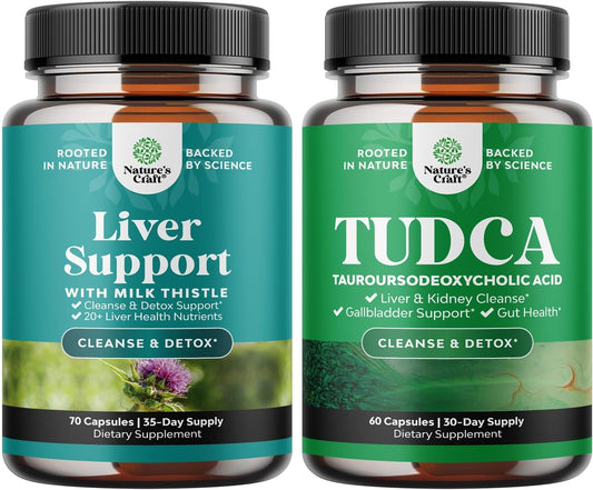 Liver Cleanse Detox & Repair Bundle with Milk Thistle, Dandelion, Turmeric - TUDCA Liver Support Supplement 500mg Bile Salts - Natures Craft Formula