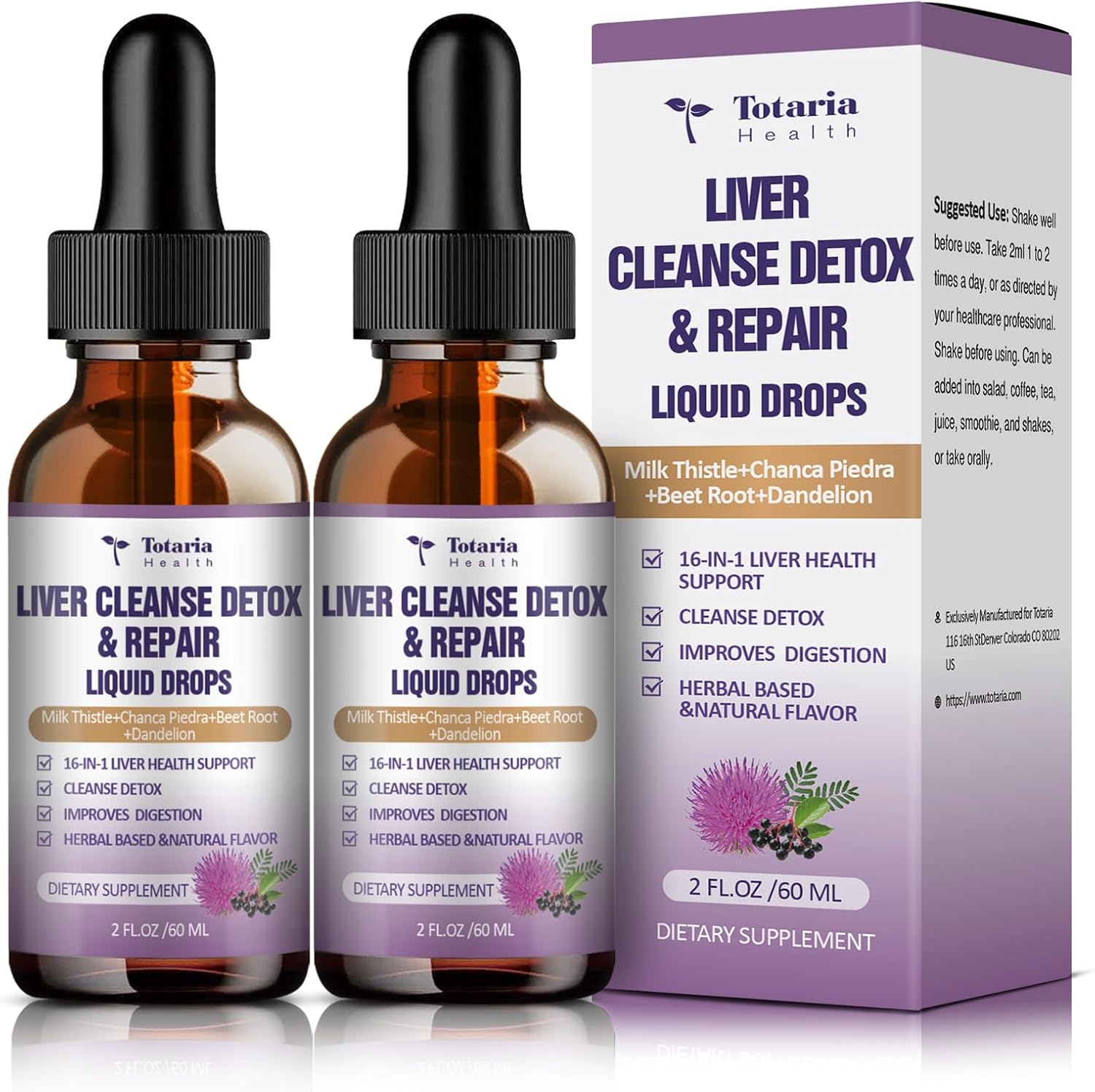 Liver Cleanse Detox & Repair Liquid - 1100mg Milk Thistle & Dandelion Root - 16+ Herbs for Liver Support - Active Liver Health Formula - Vegan Non-GMO All-Natural - 2 Fl Oz (Pack of 2)