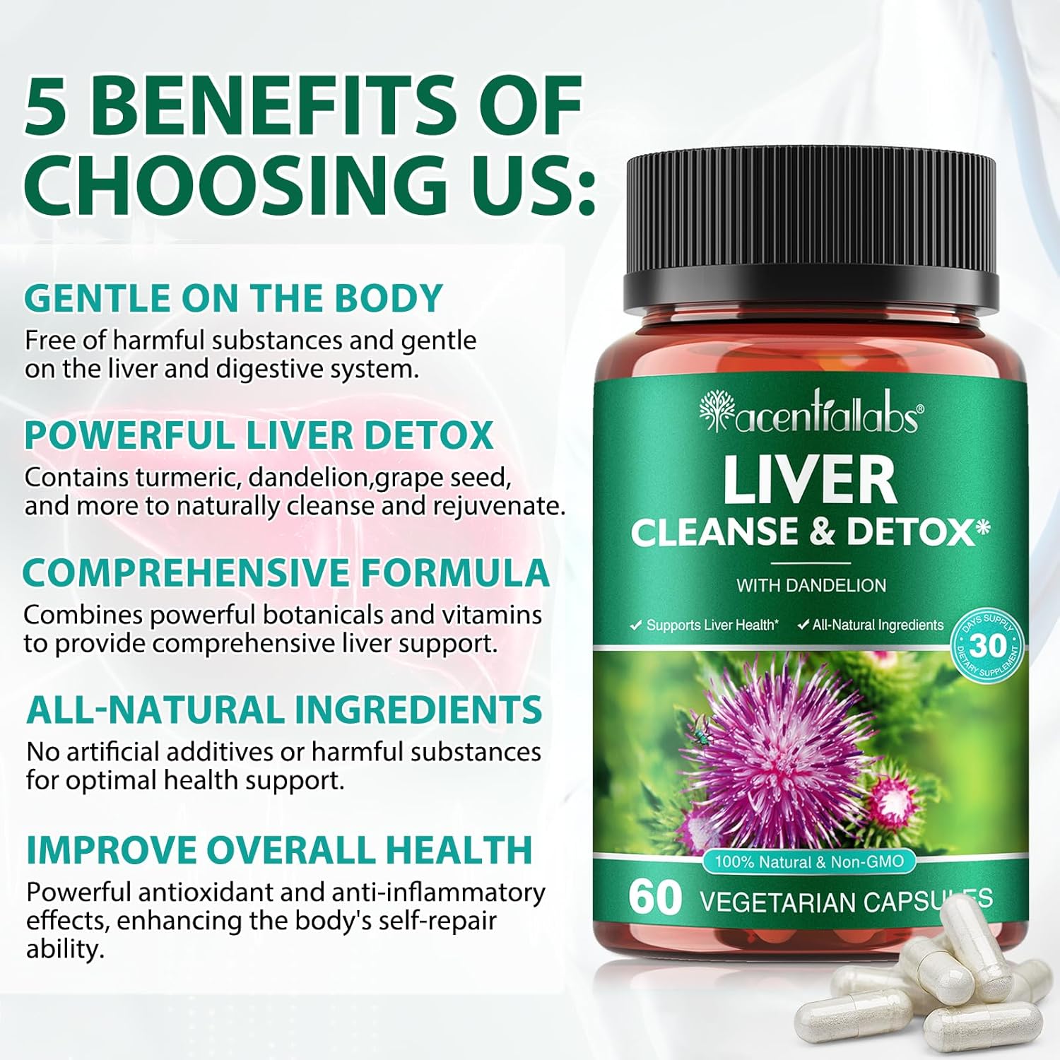 Liver Cleanse Detox & Repair Supplement with Milk Thistle, Burdock, Turmeric, Dandelion - 60 Vegan Caps