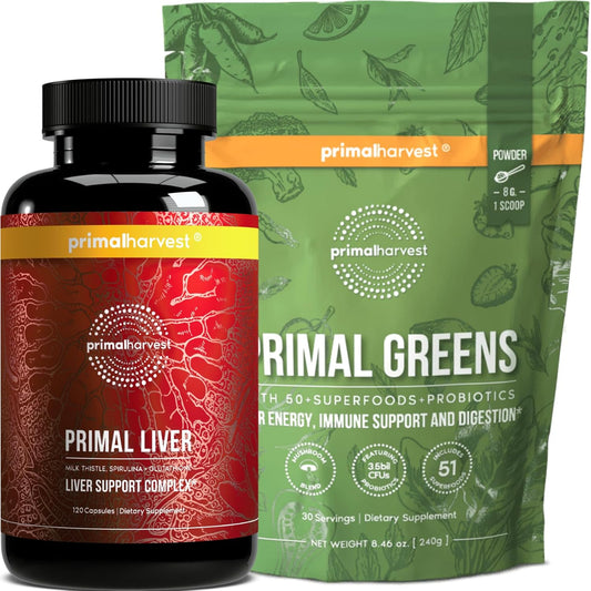 Liver & Greens Powder Supplements Bundle for Women and Men by Primal Harvest