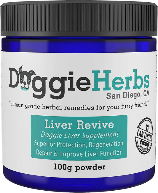 Liver Revive Herbal Dog Supplement for Liver Health - Plant Based Liver Healing, Protection, Repair & Improvement - 100g with Scoop - Human Grade Formula by Doggie Herbs