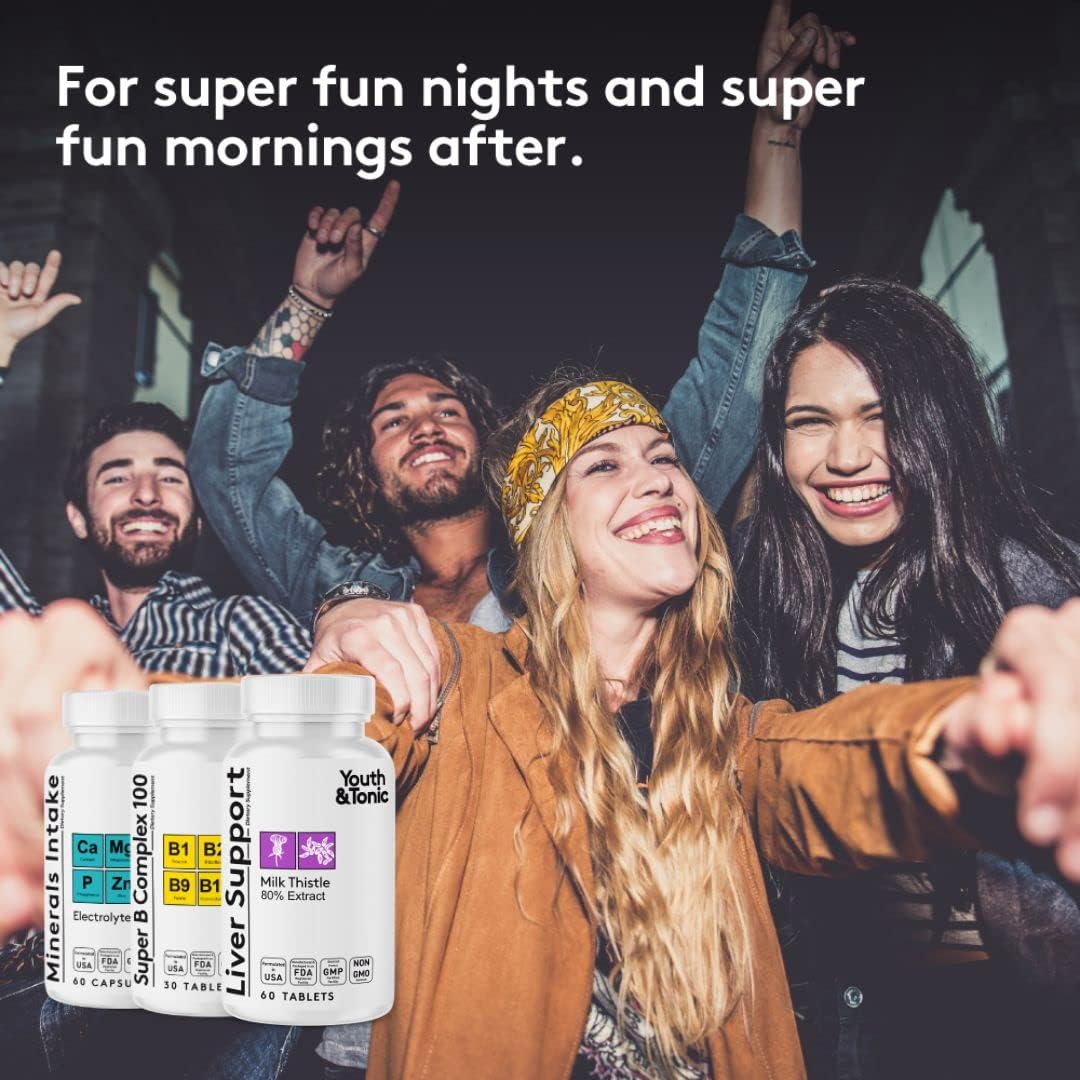 Liver Support & Morning Recovery Pills with Milk Thistle, Electrolytes, B Vitamins - Boost Energy, Hydration, Mental Focus - After Party Supplement Kit for Youthful Feelings