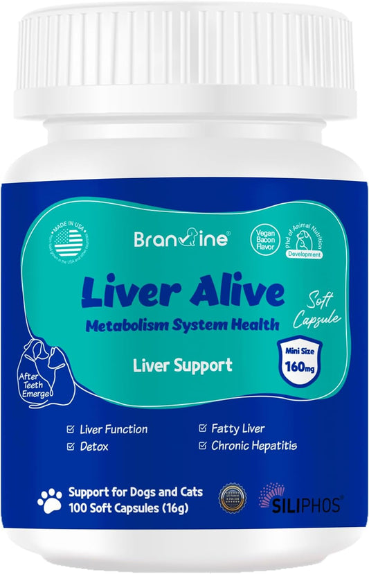 Liver Support Supplement for Dogs and Cats - Promotes Healthy Liver Function, Detox, and Metabolism - Vegan Bacon Flavor - 100 Soft Capsules