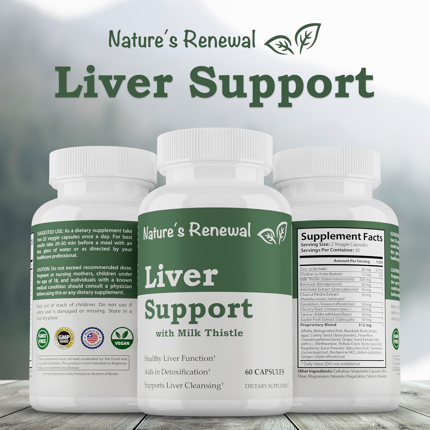 Liver Support Supplement with Milk Thistle, Dandelion, Artichoke, Choline, Turmeric - Cleanse & Detox Formula for Renewal & Recovery - 60 Capsules