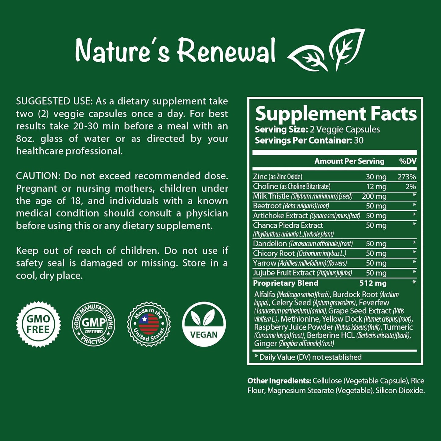 Liver Support Supplement with Milk Thistle, Dandelion, Artichoke, Choline, Turmeric - Cleanse & Detox Formula for Renewal & Recovery - 60 Capsules