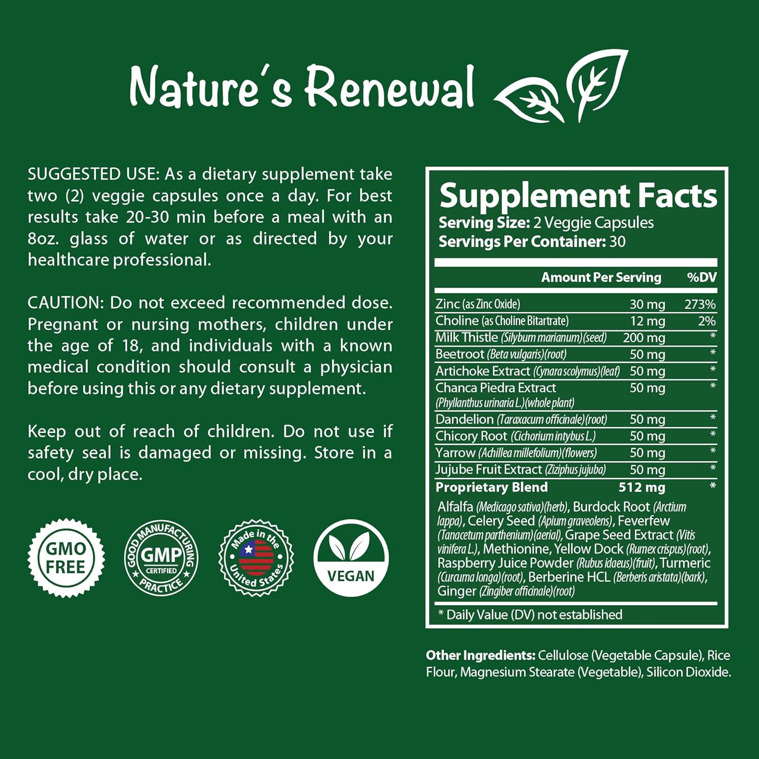 Liver Support Supplement with Milk Thistle, Dandelion, Artichoke, Choline, Turmeric - Cleanse & Detox Formula for Renewal & Recovery - 60 Capsules