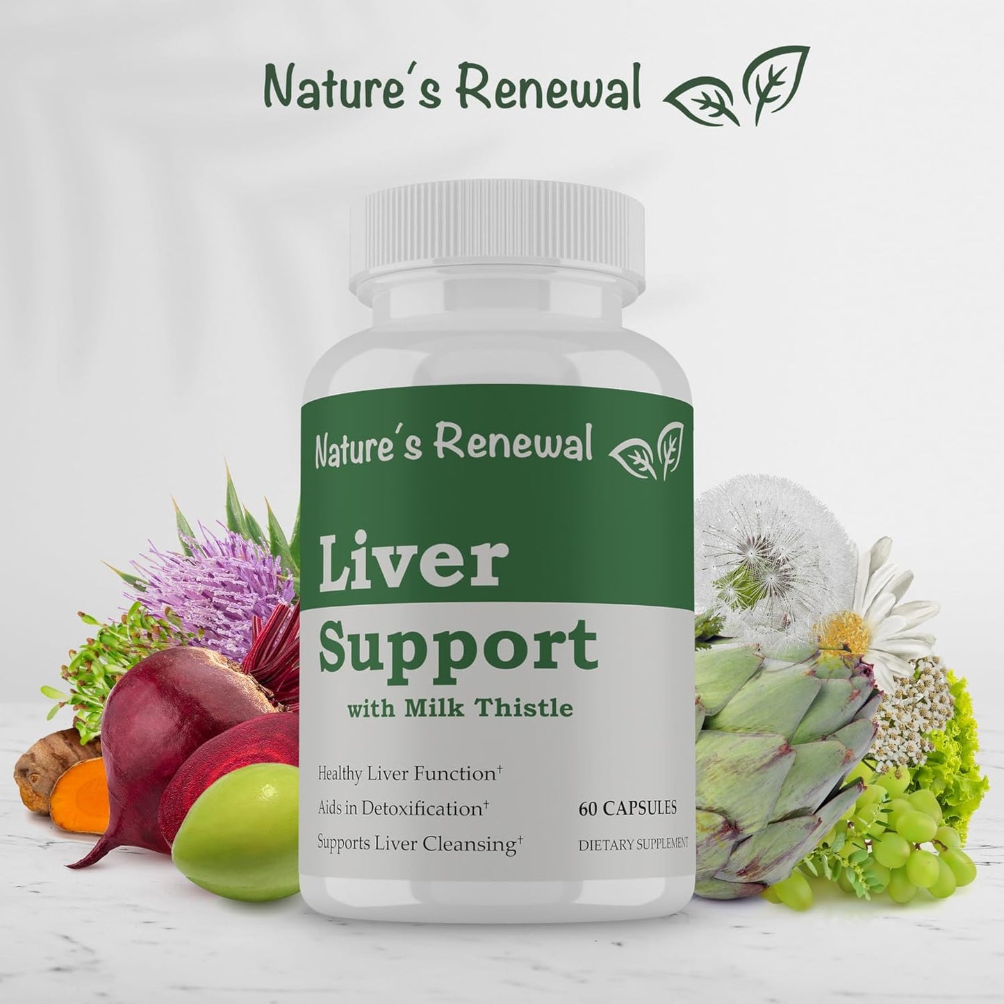 Liver Support Supplement with Milk Thistle, Dandelion, Artichoke, Choline, Turmeric - Cleanse & Detox Formula for Renewal & Recovery - 60 Capsules