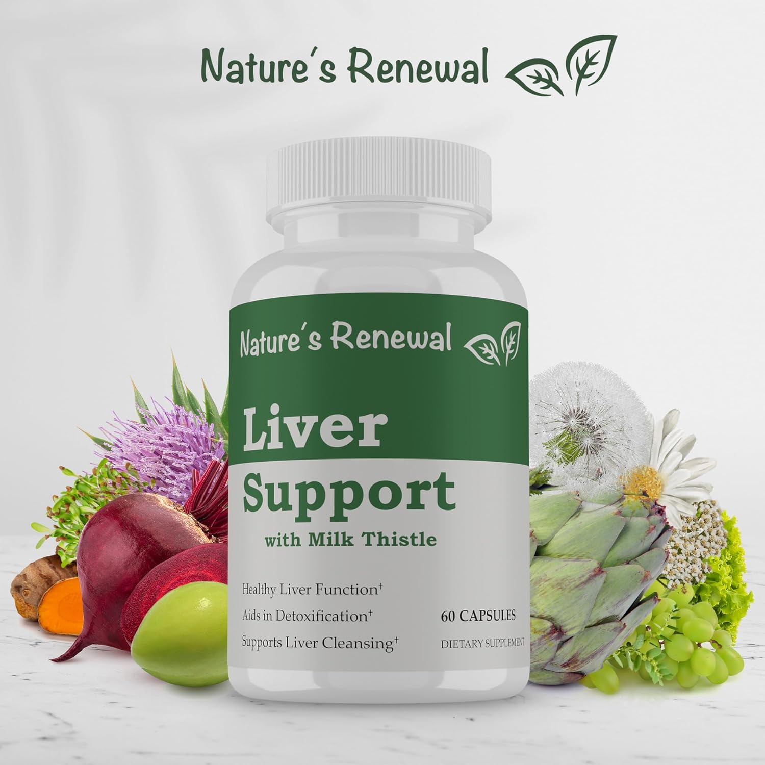 Liver Support Supplement with Milk Thistle, Dandelion, Artichoke, Choline, Turmeric - Cleanse & Detox Formula for Renewal & Recovery - 60 Capsules