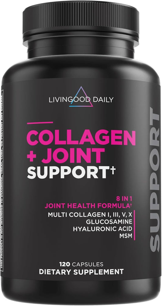 Livingood Daily Collagen Plus Joint Support Capsules - Grass-Fed Multi Collagen Peptides with Hyaluronic Acid & MSM - Promotes Healthy Hair, Skin, Nails, Flexibility & Mobility - Keto & Gluten Free - 120 Count