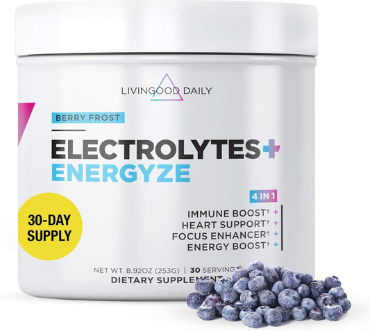 Livingood Daily Electrolytes Powder - Keto Hydration Drink Mix with Vitamin C, Taurine, D-Ribose - Sugar-Free Berry Frost Flavor - 30 Servings