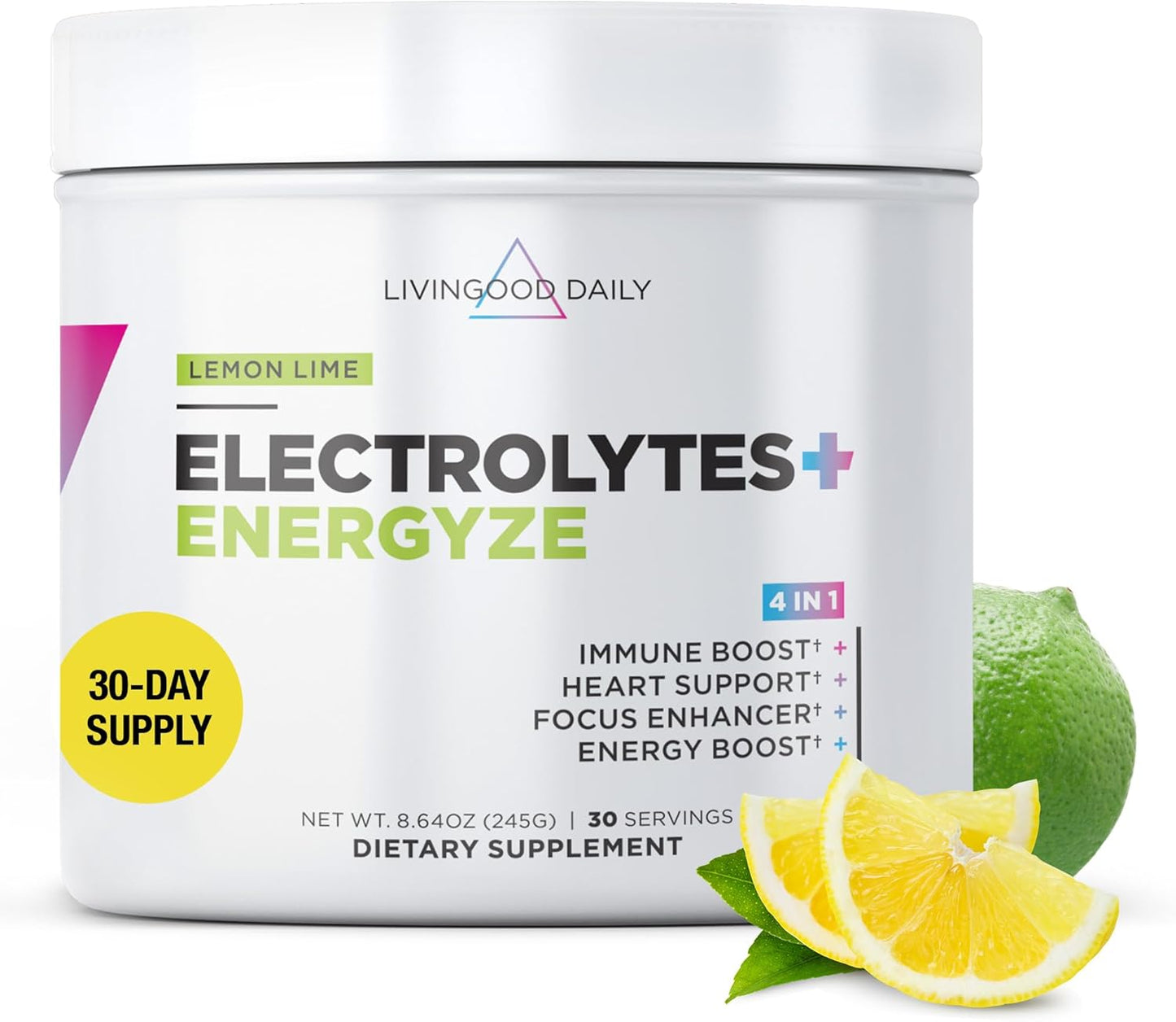 Livingood Daily Electrolytes Powder with Energyze - Lemon Lime Flavor for Replenishing Hydration & Energy - Keto, Vegan, Sugar-Free Supplement