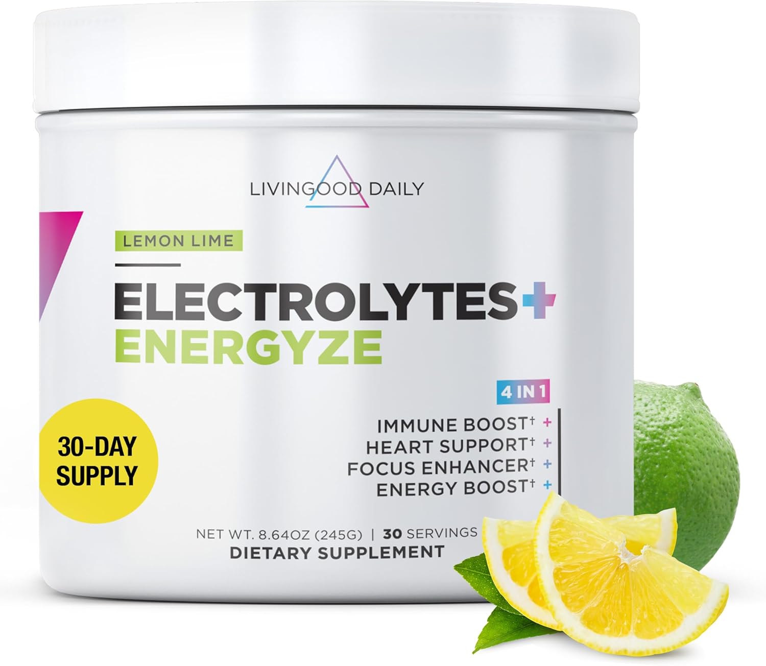 Livingood Daily Electrolytes Powder with Energyze - Lemon Lime Flavor for Replenishing Hydration & Energy - Keto, Vegan, Sugar-Free Supplement