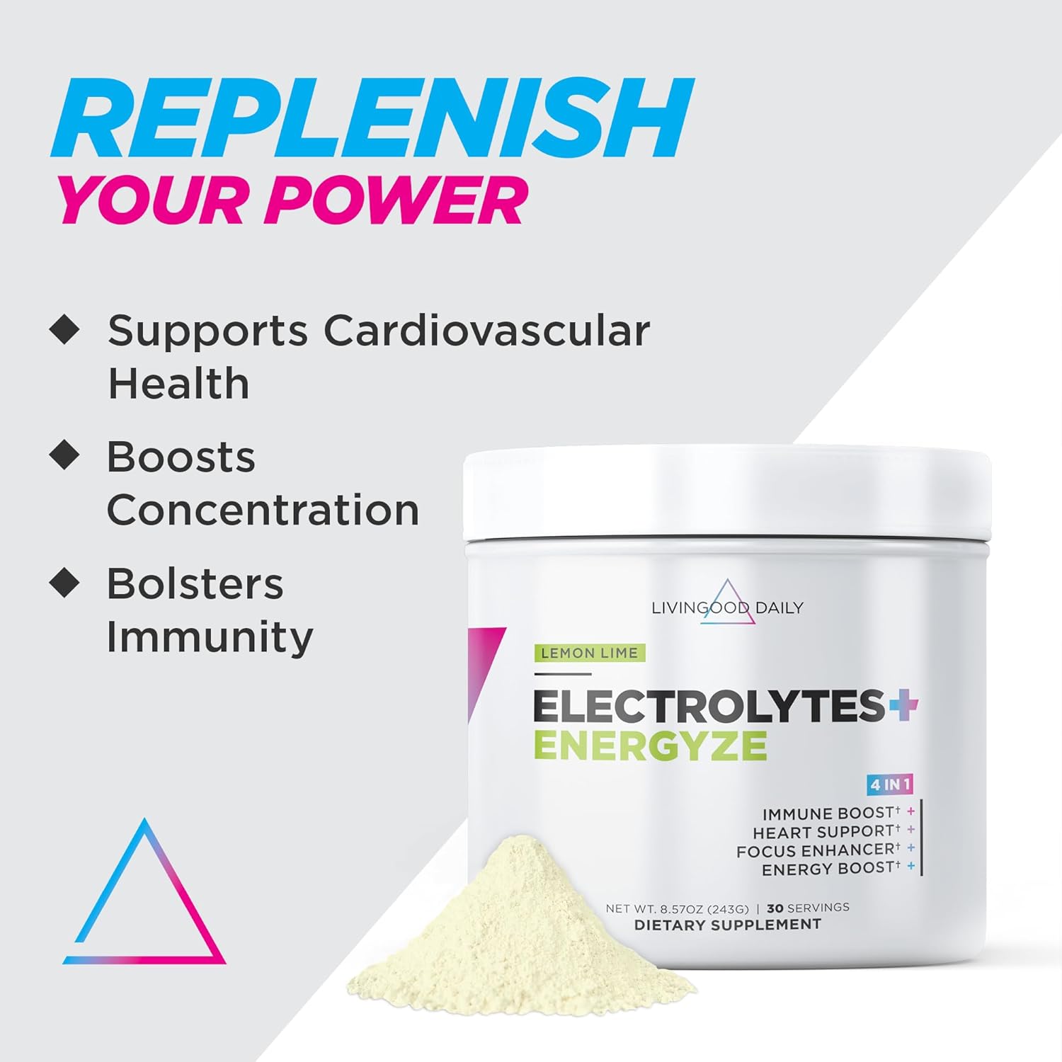 Livingood Daily Electrolytes Powder with Energyze - Lemon Lime Flavor for Replenishing Hydration & Energy - Keto, Vegan, Sugar-Free Supplement