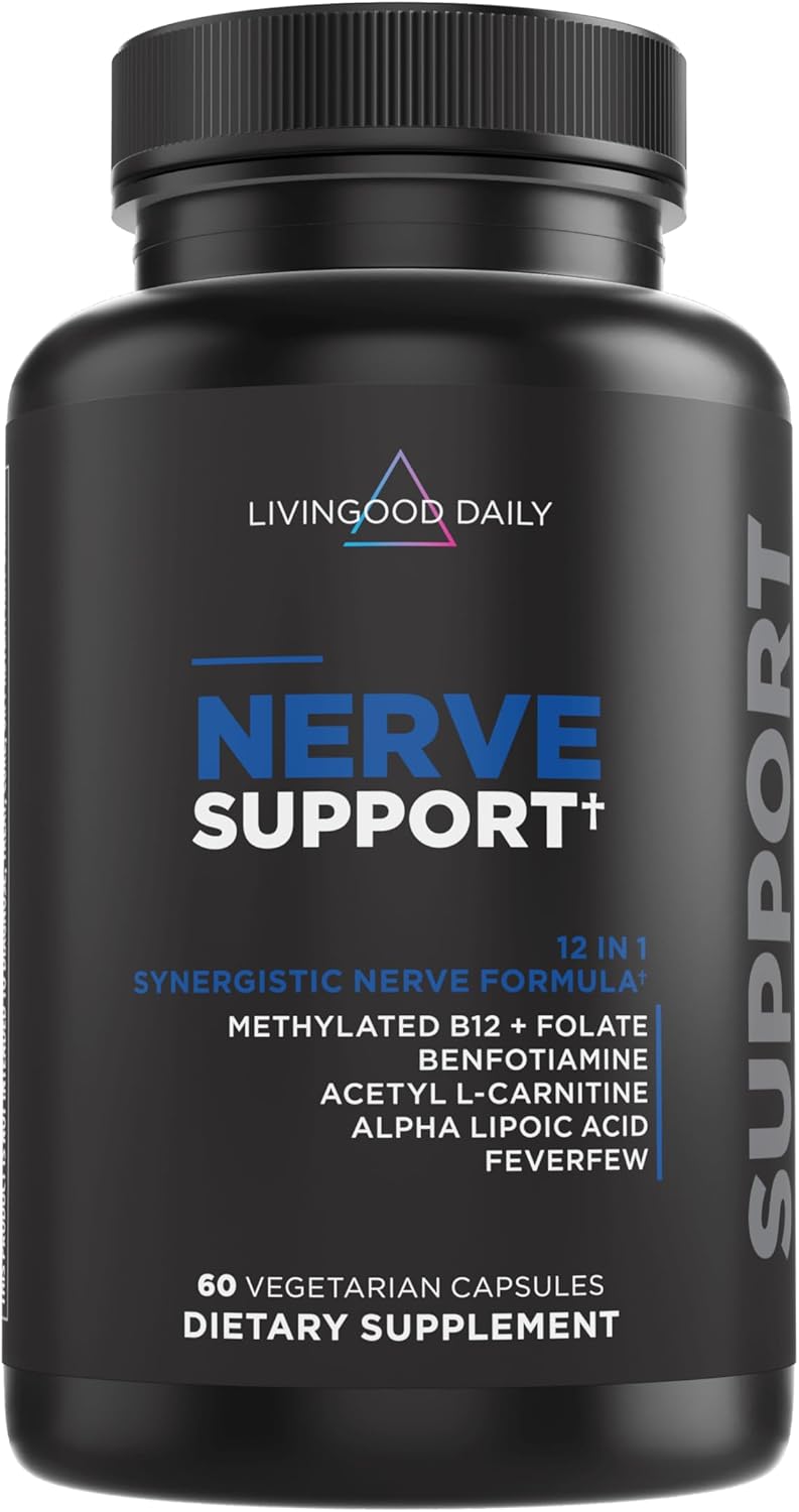 Livingood Daily Nerve Support Supplement - 12-in-1 Formula for Healthy Nervous System - 60 Capsules for Men & Women - Adult Nerve Health Support