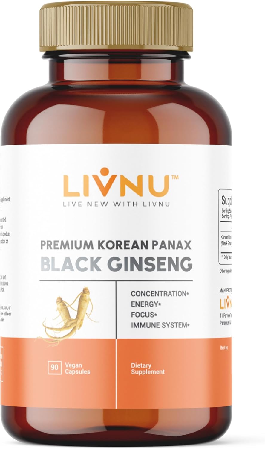LivNu Premium Korean Black Panax Ginseng Capsules - High Ginsenosides for Energy, Focus, Performance, and Immune Support - Vegan Formula